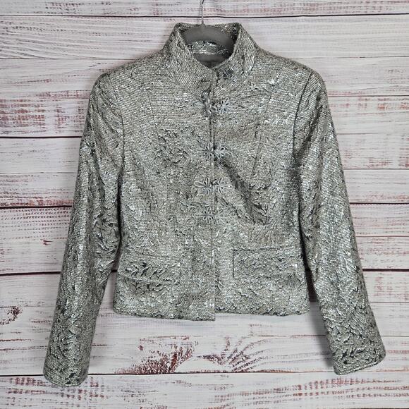 Lafayette 148 Metallic Tweed Blazer Size 4 Floral Textured Snap Front Lux Glam - Picture 1 of 10